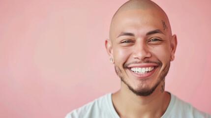 Obraz premium A woman with a shaved head is smiling, cancer patient with chemotherapy