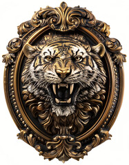 Painted Bronze Snarling Tiger Head - Victorian Style Oval Medallion Isolated on White