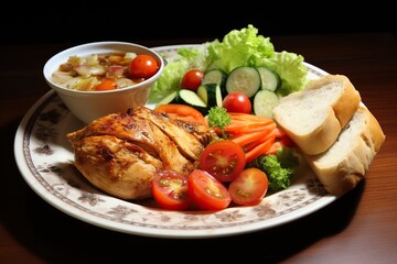 a plate of food with a bowl of soup, bread, and vegetables.