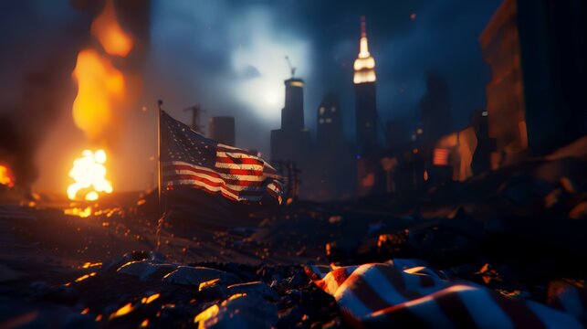 American flag burning in the night city. 3D Rendering.
