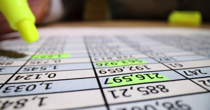 Accountant marks figures in financial report with yellow marker