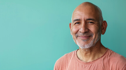 A man with a shaved head is smiling, cancer patient with chemotherapy