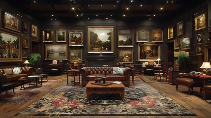 Advanced gallery-style living room setup displaying a mix of classical and contemporary art pieces on a long wall, hyperrealistically depicted with sharp graphics and a focus on the art narrative.