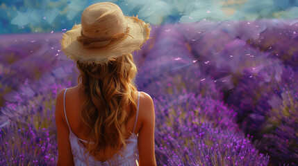 woman standing field lavenders hat color blond long hair behind focus generate face peaceful day...
