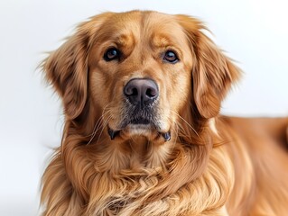 Friendly Golden Retriever Dog Sitting Isolated on White Background with Soft Fur and Captivating