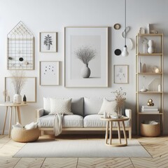 A living room with a template mockup poster empty white and with a couch and shelves art art realistic.