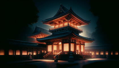 Fototapeta premium Mystical Night: Japanese Temple Illuminated by Ambient Light 
