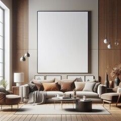A living room with a template mockup poster empty white and with a large picture frame art realistic lively card design.