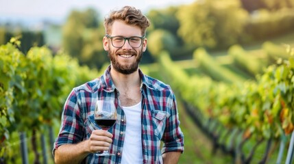 male winemaker in a vineyard, smiling with a glass of wine, vineyard rows behind