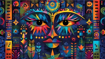 Abstract ancient aztec face background. Colourful psychedelic pop art, vibrant ethnic painting with bold colors patterns traditional culture ritual element.
