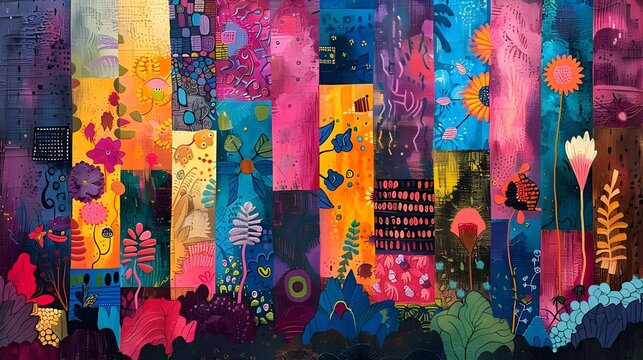 Colourful patchwork pop art graffiti style, abstract nature flower garden background. Vibrant ethnic painting with seamless pattern plant leaf, traditional culture motif, 3d digital unique modern art.