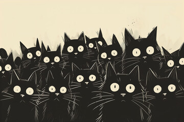 black cats lined together favorite horrified expression still horror entertainment wide eyes shocked posing disguise among humans swarm