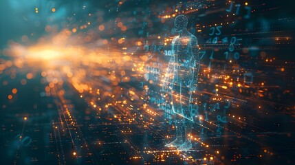 Fototapeta premium Data flow processing visualization. Futuristic technology virtual reality background. Holographic human body cyberspace network, abstract 3d digital art, consciousness of artificial intelligence.