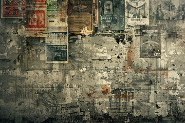 Layered grunge texture with decaying posters and urban decay.