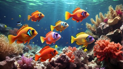 Obraz premium A group of colorful tropical fish swimming gracefully in a coral. --ar 3:2 --v 4 