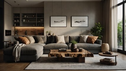 Live edge coffee table near corner sofa. Japandi interior design of modern living room, home.