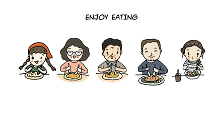 people eat food at table for breakfast, lunch or dinner, hand drawn vector illustration.