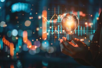 Businessman holding creative light bulb with growth graph, analytics icons. Utilizing analytics technology to develop new strategies and insights that enhance successful performance in global business