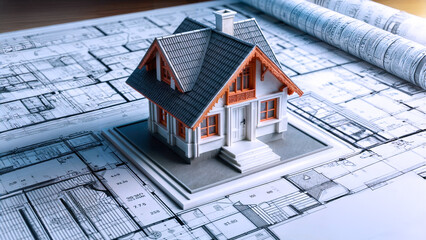 Home construction. Construction scheme. Work plan with dimensions and description. Small house on the construction scheme. Building and Construction Industry Concept. Three-dimensional plan.