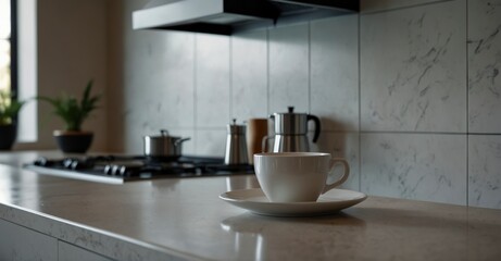 Sleek countertops and appliances frame white cup and saucer in modern kitchen, creating clean, contemporary ambiance