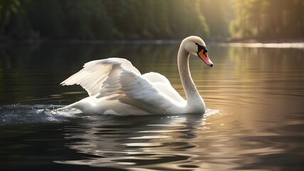Fototapeta premium A graceful swan gliding across a serene lake, leaving ripples behind. --ar 3:2 --v 4 