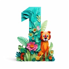 Number 1 combination with A cute lion, playfully inspects a flower in a charming illustration