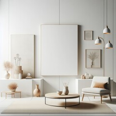 A Room with a template mockup poster empty white and with a white chair and a table image realistic lively.