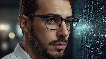 Data reflecting on eyeglasses on mans face Computer.generative.ai