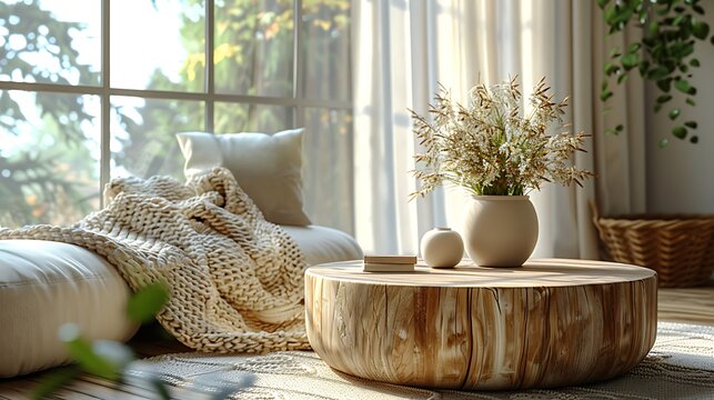 Close-up of a modern Scandinavian living room showing a pale wood coffee table and soft pastel textiles against a backdrop of bright natural light.