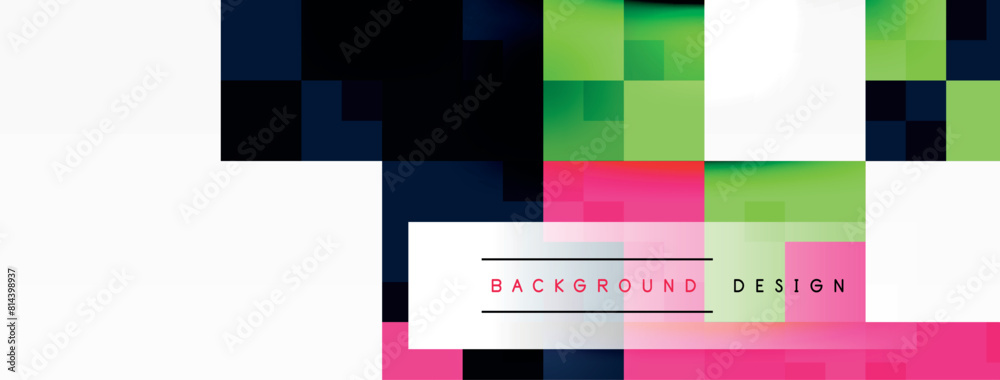 Poster colorfulness and patterns come together on a white background with squares in vibrant magenta and el