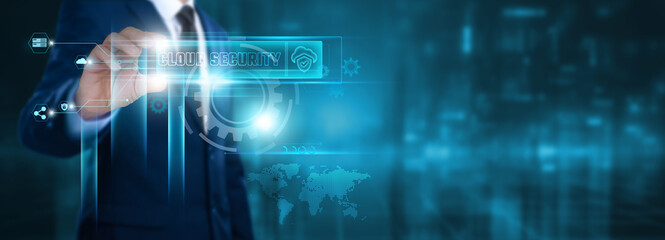 Cloud Security: Businessman holding text and icon of Cloud Security on virtual interface. Data Encryption, Access Control, Threat Detection.