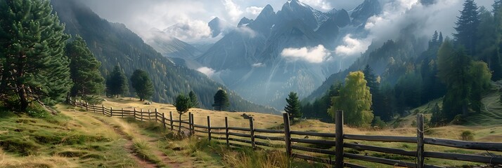 Mountain scenery way and wooden fence in Stilluptal Mayrhofen Austria Tirol realistic nature and...