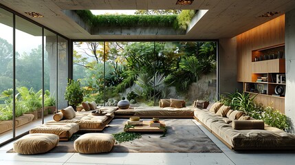 Fototapeta premium Detailed eco-friendly living room showcasing an innovative approach with a green roof visible through floor-to-ceiling windows, rendered hyperrealistically with a focus on eco-conscious design and nat