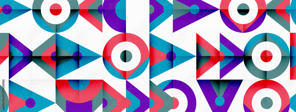 Poster a vibrant geometric pattern featuring circles and triangles in magenta and electric blue on a white 