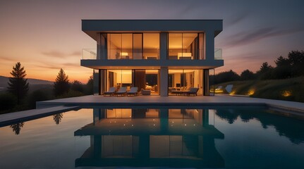 Exterior of modern minimalist cubic villa with swimming.generative.ai