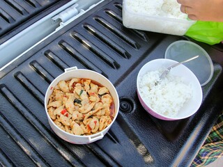 a photography of a person eating rice and chicken on a grill.