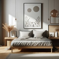 Bedroom sets have template mockup poster empty white with Bedroom interior and a framed picture image art photo photo photo.