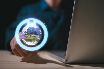 Abstract glowing planet Earth in power button. Earth hour concept. businessman pressing button to turn on off earth power, Elements of this image furnished by NASA, 