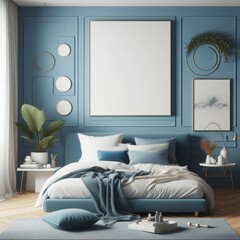 Bedroom sets have template mockup poster empty white with Bedroom interior and a picture frame image art photo harmony has illustrative meaning.