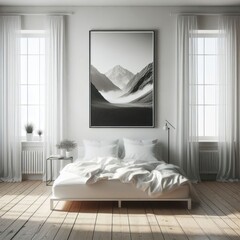 Fototapeta na wymiar Bedroom sets have template mockup poster empty white with Bedroom interior and a painting on the wall image art photo photo attractive.