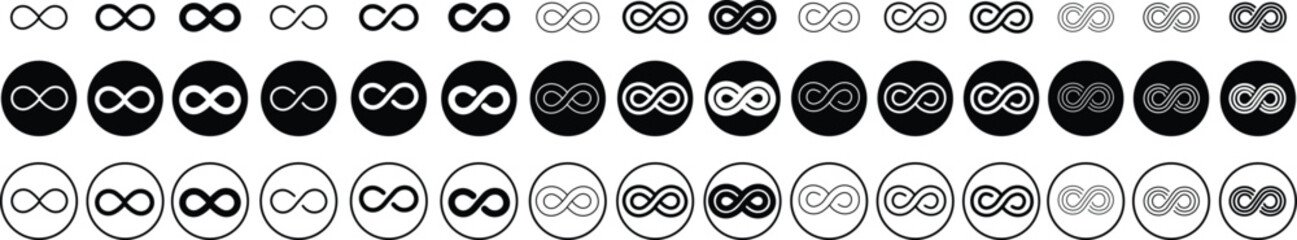 Obraz premium Set of Infinity icons. Symbols of repetition and unlimited cyclicity emblem collection. Eternity, infinite, endless and forever loop signs in black flat styles isolated on transparent background.