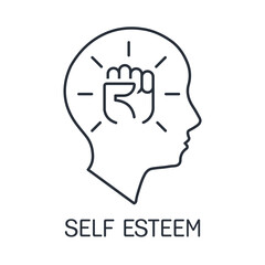  Self Esteem. Understanding your own importance, value and capabilities.Vector linear icon isolated on white background.