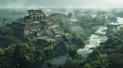 Fototapeta premium Photo of ancient city ruins, featuring hieroglyphs, lost in the Amazon River