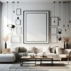 living room with a template mockup poster empty white and With Couch And Coffee Table image art harmony.
