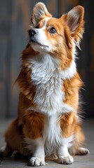 Fototapeta premium Attentive Corgi Dog Sitting on White Background with Fluffy Fur and Friendly Gaze
