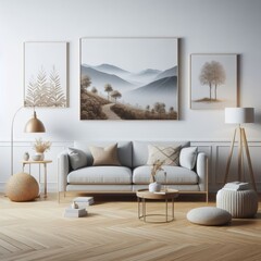 living room with a template mockup poster empty white and With Couch And Paintings On The Wall image art harmony lively.