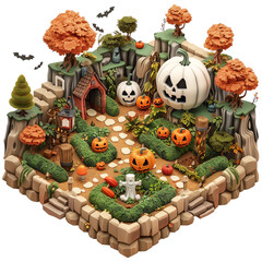 Fantasy illustration of a pumpkin patch with a spooky house and a large jack-o-lantern.  isolated on a transparent background