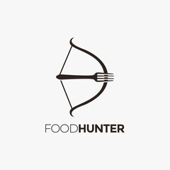 Minimalist Creative fish fork and bow logo, food travel, food hunter logo design on black background