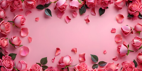 Beautiful pink roses with petals on pink background.
