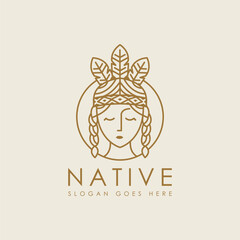 Line art female native american indian logo icon vector illustration on dark background